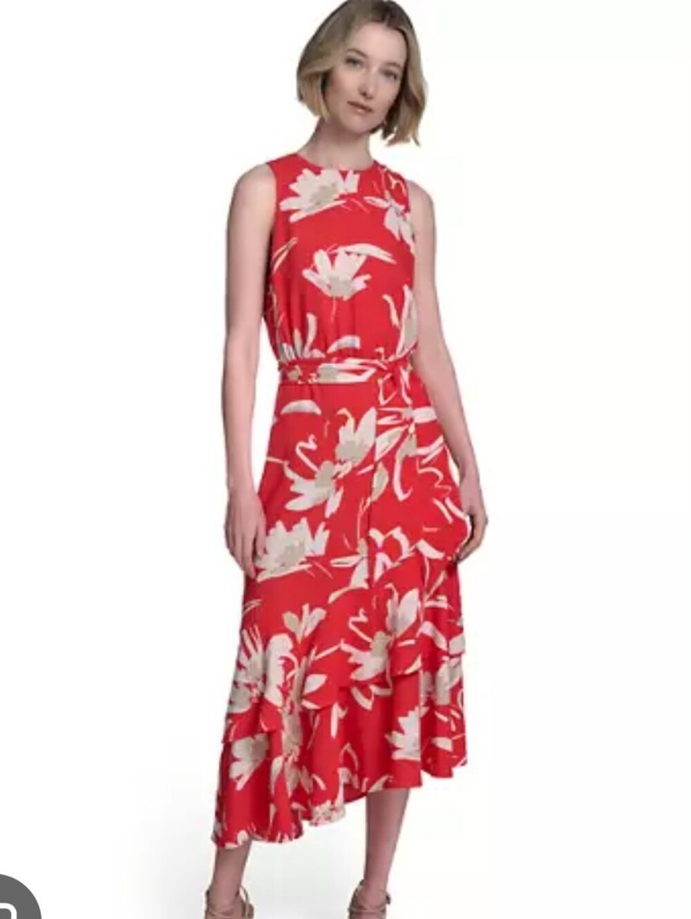 Halston NWT Size 6 12 Coral Floral Belted High Low Midi Dress $138 Career Party